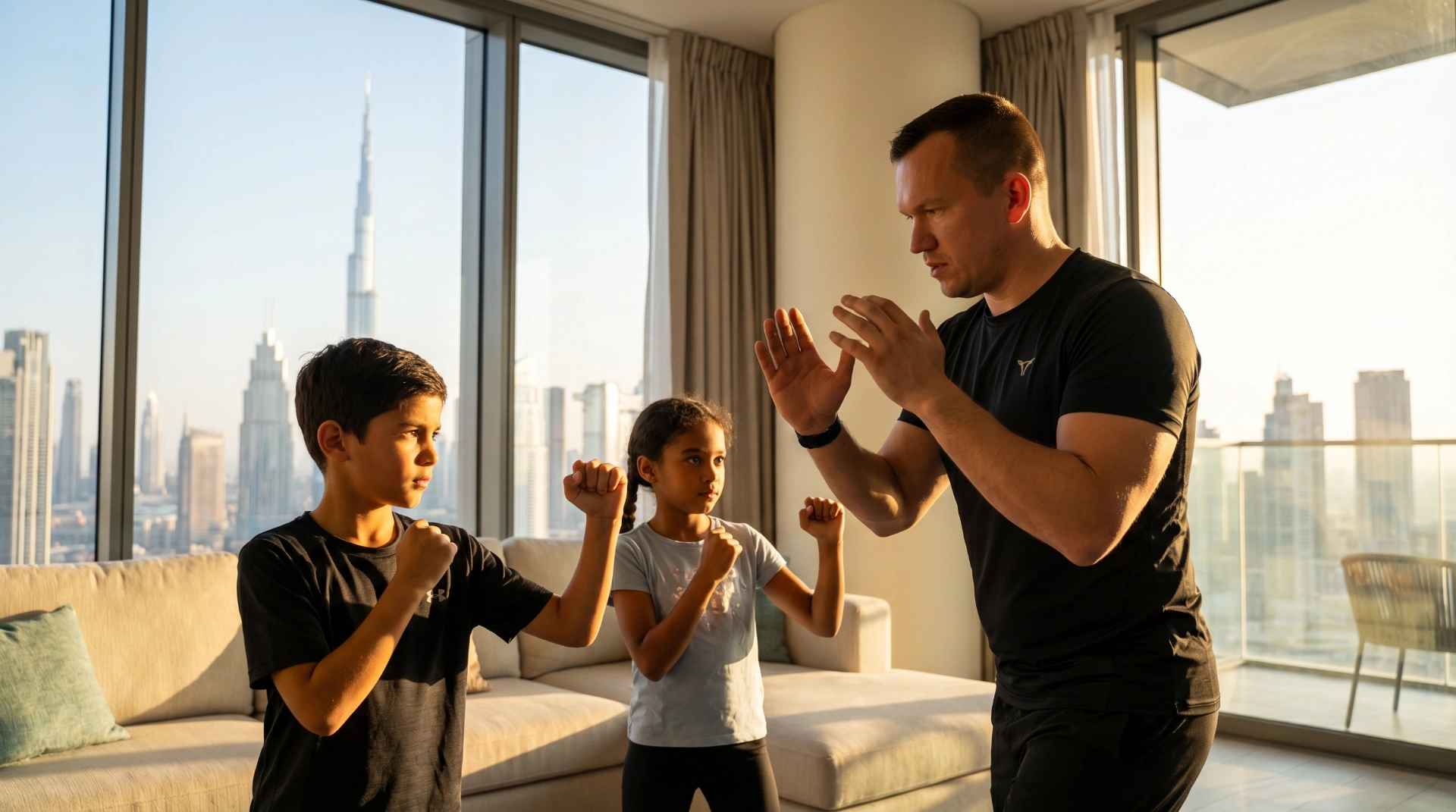 Coach Milan training kids kickboxing in Dubai with Burj Khalifa view